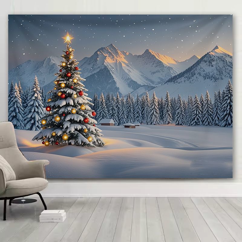 Christmas Tree Artificial - VIKAMA ผ้าแขวนผนังลายต้นคริสต์มาสภูเขาหิมะ ภาพถ่ายสมจริง ป่าสน ทิวทัศน์หิมะ ประดับดาว
